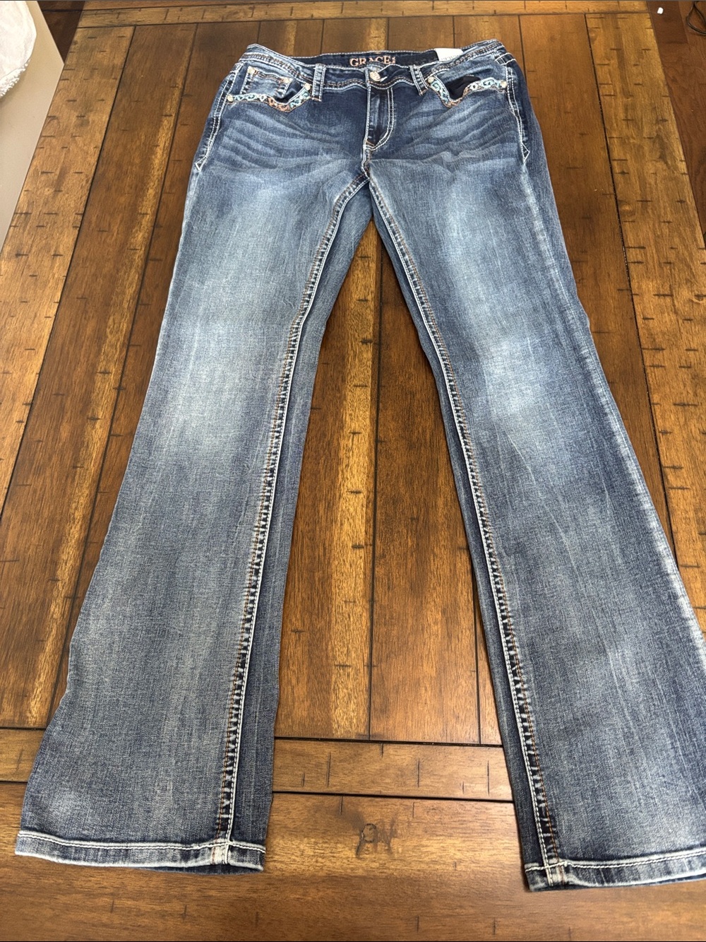 Grace Blue Flare Jeans with Embroidered Pockets